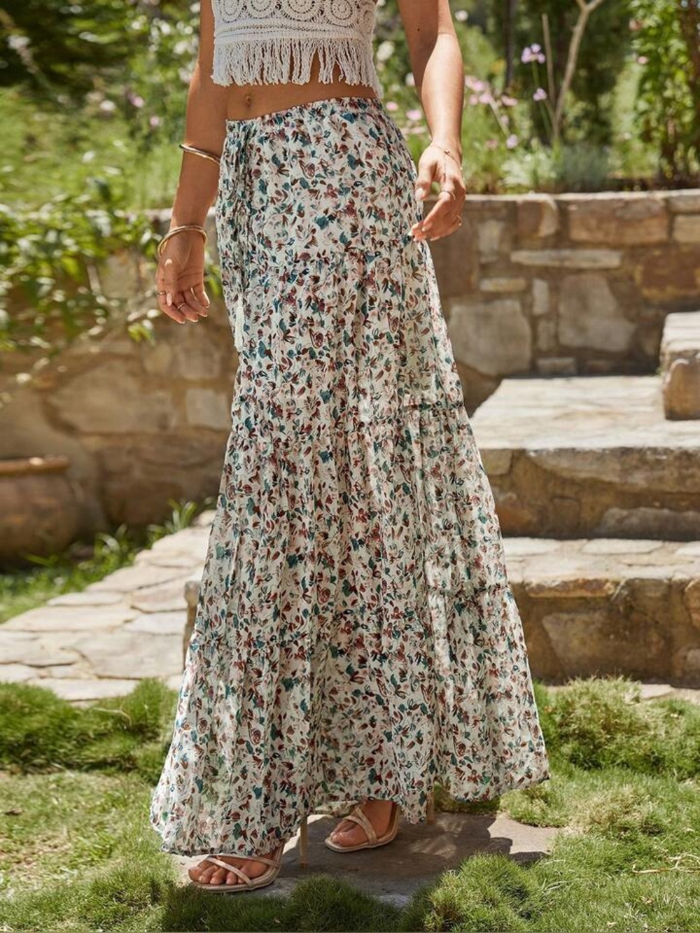SHEIN Bohemian Floral Tiered Maxi Skirt in Cream and Teal - Picture 4 of 9